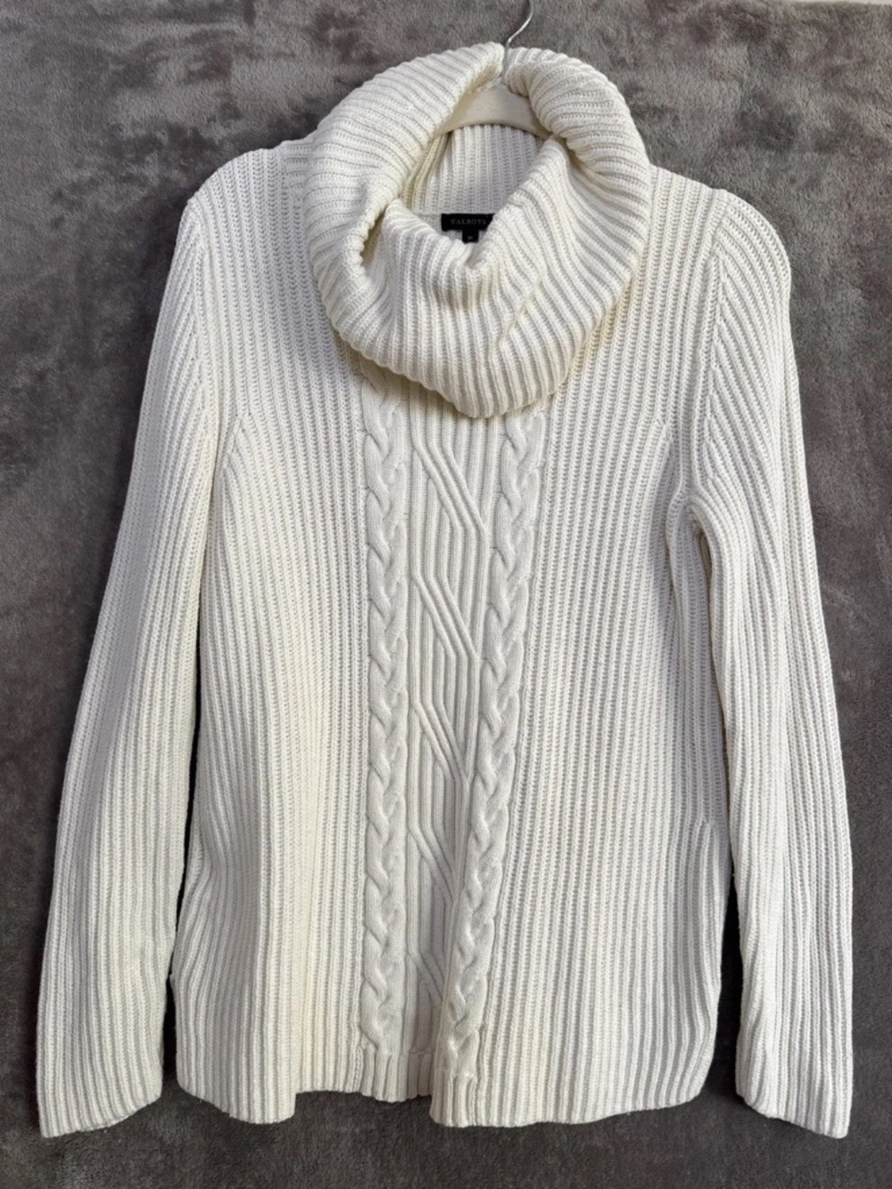 Talbots Women's Cowl Neck Cable Knit Sweater Ivory Medium Cotton Blend